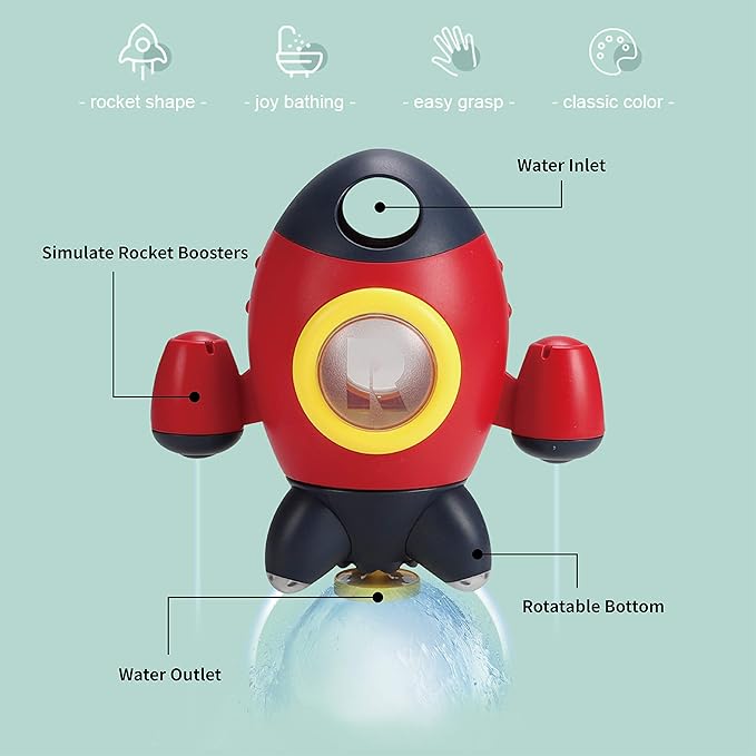 Elovien Bath Toys, Space Rocket Bath Toys for Toddlers 1-3, Spray Water Baby Bathroom Toys with Rotating Fountain, Shower Bathtub Toys for Toddlers Aged 18 Months 2 3 4 5 Years Old Kids Boys Girls