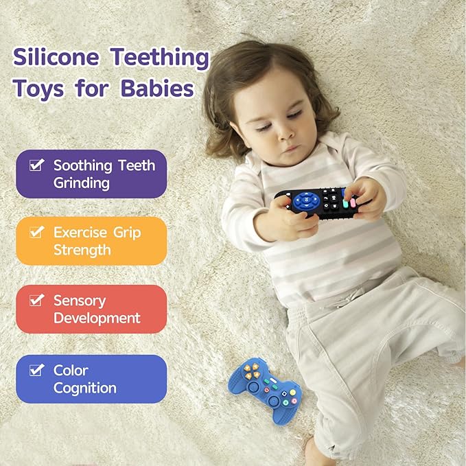2 Pack Silicone Teethers for Babies 6-12 Months, Teething Toys for Babies 0-6 Months, Remote Teether for Baby, Sensory Toys for Baby,Toddler Infant Girl Boy Gifts