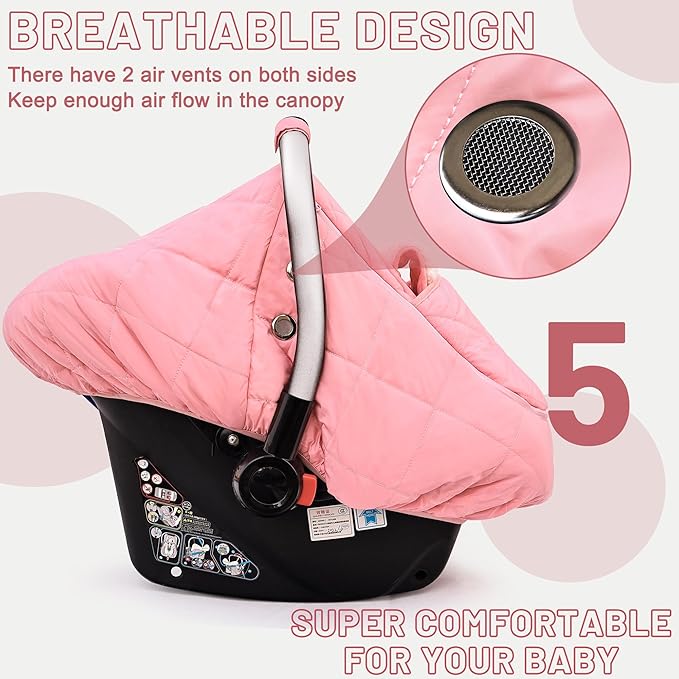 beatoutou Winter Baby Car Seat Cover, Waterproof Winter Infant Carseat Canopy for Girls, Cold Weather Warm Car Seat Covers for Babies, Keeps Babies Warm and Cozy (Pink)