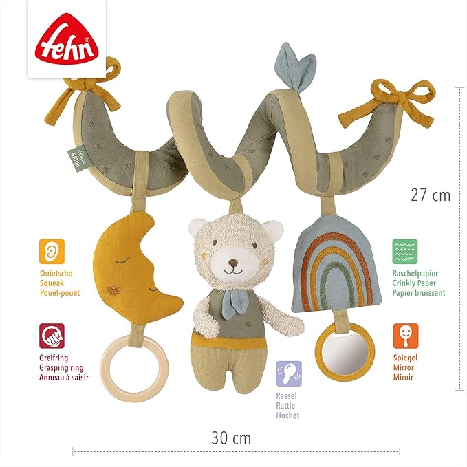 Fehn Activity-Spirale Bär fehnNATUR – Stoff-Spirale mit Lernfunktionen und Bio-Baumwolle aus kontrolliert biologischem Anbau – fördert Babys Sinne zuhause & unterwegs – für Babys ab Geburt