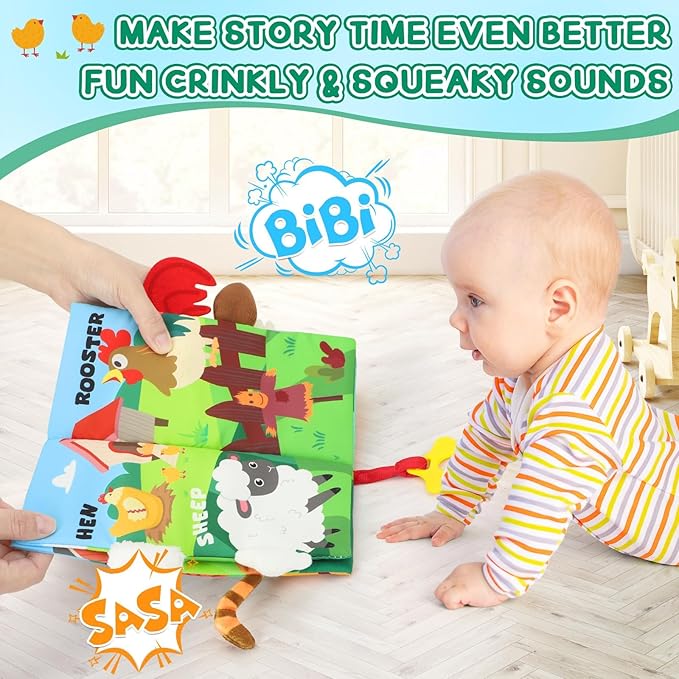BBWOO Soft Baby Book Toy - Newborn Boy Girl Shower Gift - Tummy Time Toy for Infant 0-6 6-12 Months - Touch and Feel Sensory Crinkle Book with Teether - Baby Boy Girl Gift - Easter Basket Stuffers