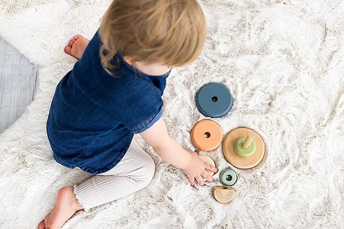 Pearhead Wooden Stacking Rainbow Toy, Montessori Color Sorting Rings for Babies and Toddlers 12+ Months, Nursery Decor