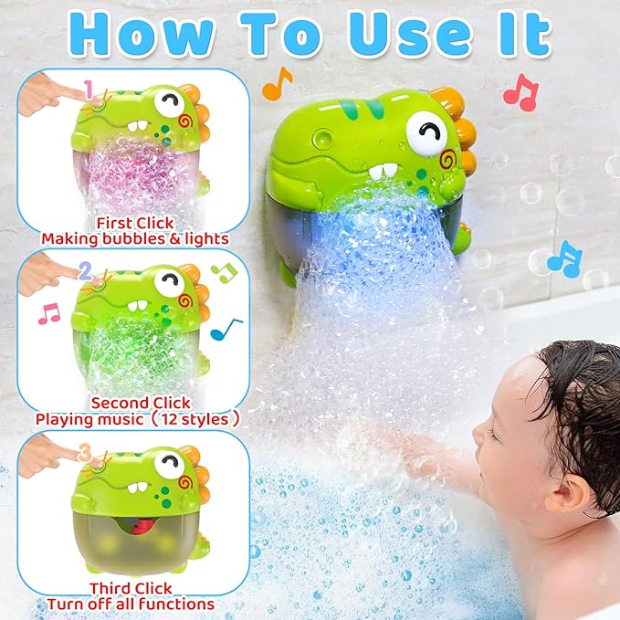 Light Up Dinosaur Bath Toys with Music, Bath Bubble Machine Toy for Kids Age 3-5 4-8 Toddler Summer Toys Bubble Maker for Bathtub - Floating Animal Water Toys Boy Girl Birthday Gift
