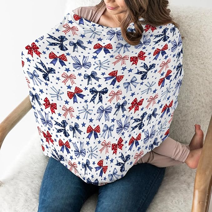 Red White & Blue Bows Baby Car Seat Covers Patriotic Ribbons Stars Stretchy 5-in-1 Cover Adjustable Car Canopy Cover Cute 4th of July Party Breathable Nursing Cover-Up