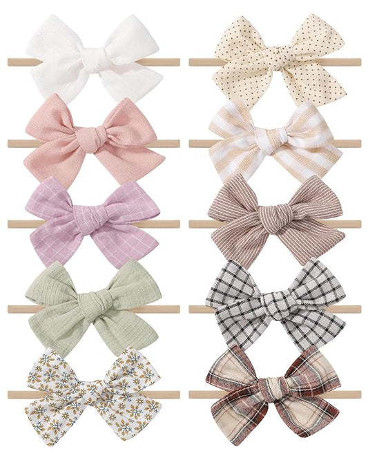 doboi 10PCS Baby Girls Headbands Hair Bows Nylon Cotton Linen Hairbands Fine Handmade Hair Accessories for Newborn Infant Toddlers Little Girls-Solid Plaid Stripe and Flowers