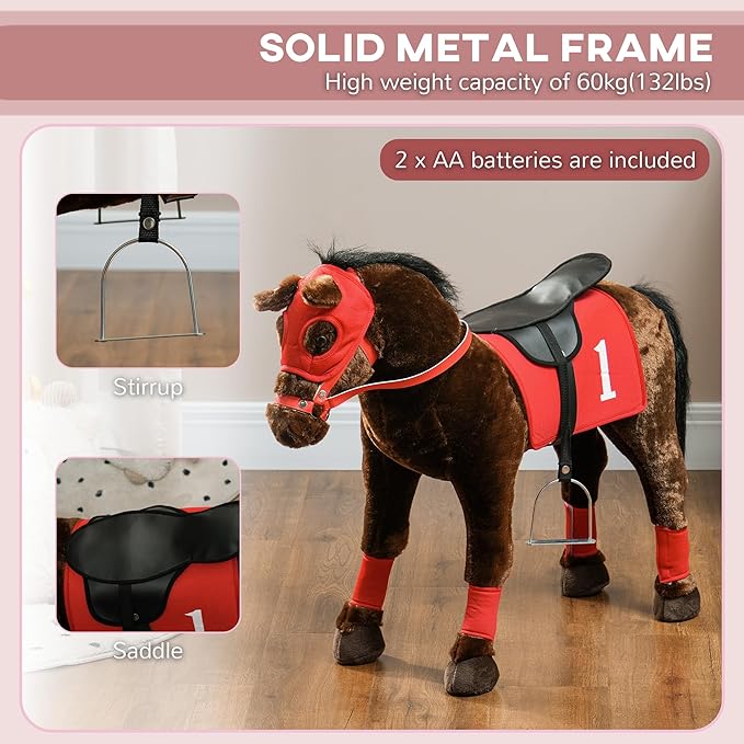 Qaba Ride on Horse for Kids 3-8 Years Old, Toddlers Riding Horse with Neighing Sound, Ride on Animal Pony Toy with Saddle & Stirrups, Brown