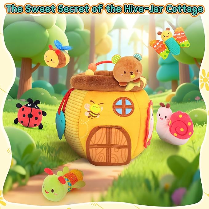 Baby Toys 6-12 Months - Soft Honey Jar with 6 Sensory Insect Stuffed Animals Montessori Plush Toys W/Rattle, Crinkle Paper, Mirror for Toddlers 1 2 3 Year Motor Skills Developmental