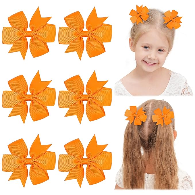 Choicbaby 3 Inches Hair Bows for Girls Orange Grosgrain Ribbon Pinwheel Hair Bows Clips Toddler Hair Clips for Birthday Baby Shower 6 Pack Photo Props