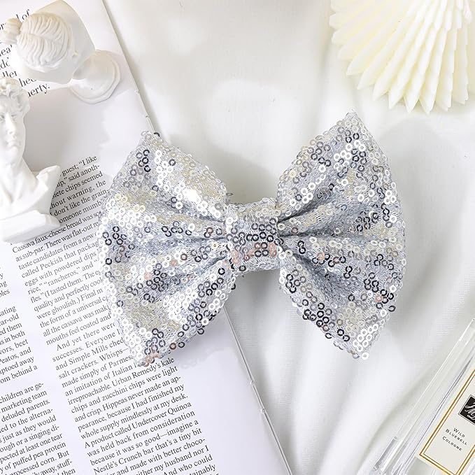 Hair Accessories: Sequins Alligator Clips, Large Bows for Toddlers, Teens, Women - 5 Inches, Sliver Gift Set