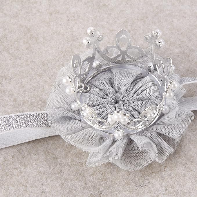 Nishine Princess Toddler Girls Crown Tiaras Baby Elastic Birthday Party Crown Headband Photo Props Gift (Pearl&Silver)