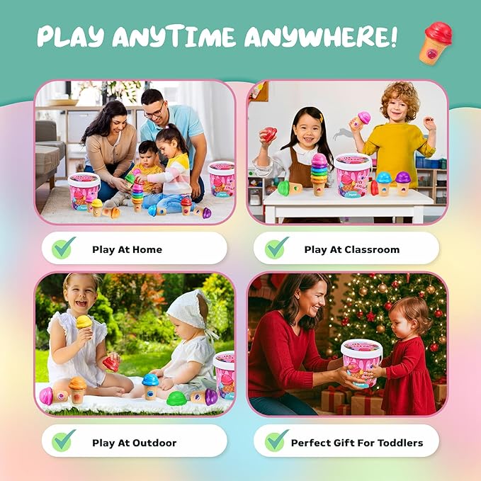 JoyCat Ice Cream Toy Set for Toddlers 1-5, Color Sorting & Stacking Toys, Pretend Play Food for Boy Girls Kids, Educational Fine Motor Skills Gift (7 Cones 7 Scoops 1 Bucket)