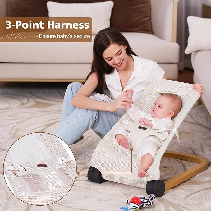 Baby Bouncer,Portable Baby Bouncer Seat & Foldable with 3 Height Adjustments, Ergonomic Bouncer for Babies 0-6 Months, Wood Grain Style, Natural Vibrations, Includes Storage Bag(Mesh Beige)