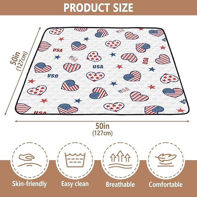 Baby Play Mat American Flag with Hearts July 4th 50 x 50 Playpen Mat Baby Play Mats for Floor Play Gym Crawling Mat Non-Slip Cushioned Baby Playmat for Infants, Babies, Toddlers