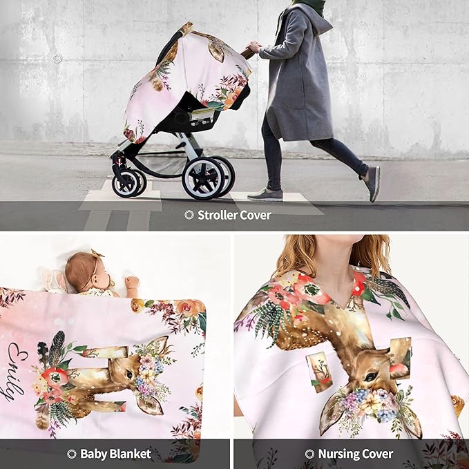 Personalized Custom Name Baby Car Seat Canopy - 2 in 1 Nursing Mom Breastfeeding Cover - Minky Baby Carrier & Stroller Cover with Deer Design