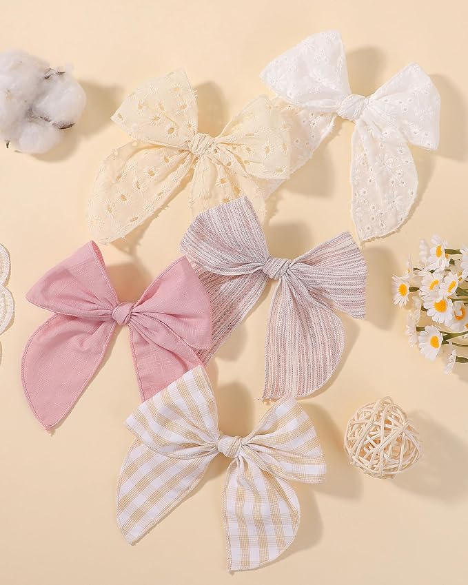 doboi 8PCS Baby Girls Hair Clips Fable Hair Bows Cotton Linen Bows for Girls Hair Accessories for Baby Toddlers Kids - Embroidery