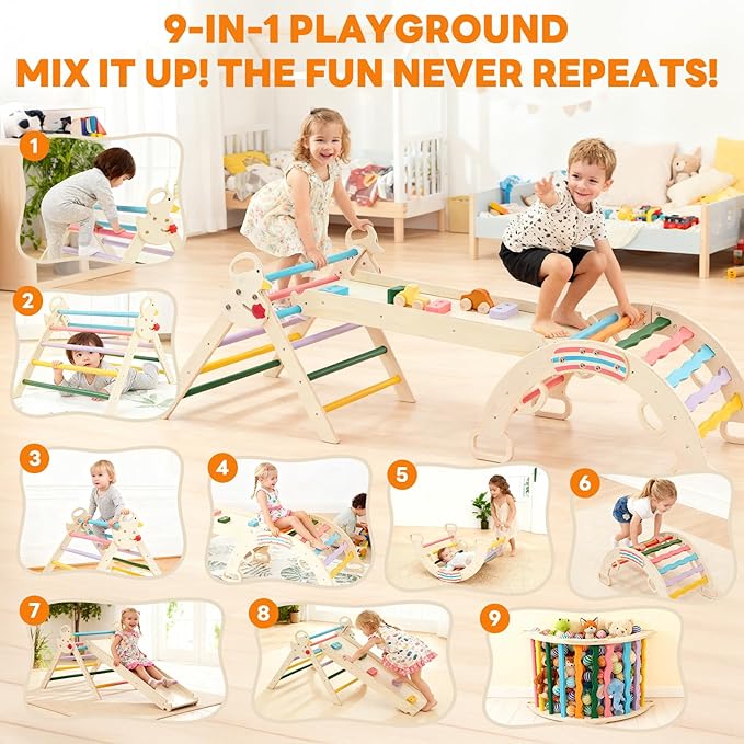 DUMOS Pikler Triangle Set, Toddler Climbing Toys and Play Structure Indoor, 9-in-1 Wooden Montessori Climbing Set with Arch, Ramp and Ladder, Foldable Baby Jungle Gym, Multicolored