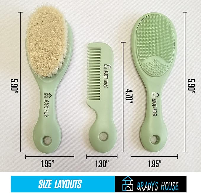 BRADYS HOUSE - 3 Piece Baby Hair Brush & Comb Set for Newborns- Soft Goat Bristle Hair-Brush, Silicone Bath Brush and Plastic Comb for Infant, Toddler, Kids - Baby