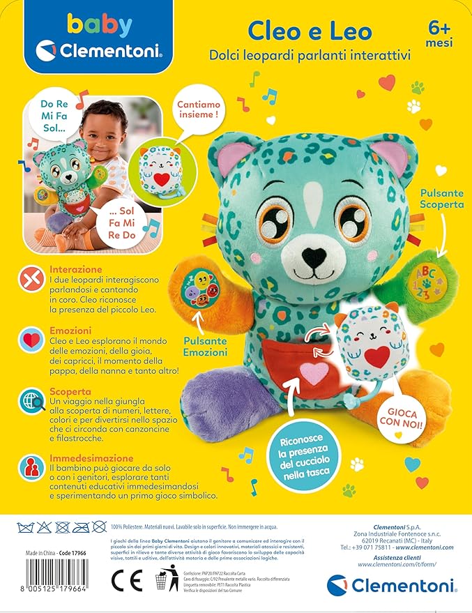 Clementoni Baby Cleo and Leo, Interactive Speaking Plush Animal with Small Puppy for Children from 6 Months and Above Activity Centre to Promote Emotional, Sensory and Cognitive