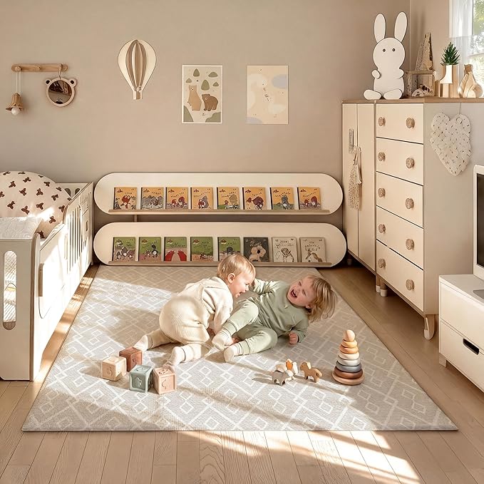 Reversible Baby Play Mat 78" x 55", Extra Large Foam Crawling Mat for Infants & Toddlers, Thick TPU Surface, Waterproof Floor Mat, Stylish Luxury Design for Living Room & Playroom (Floral & Beige)