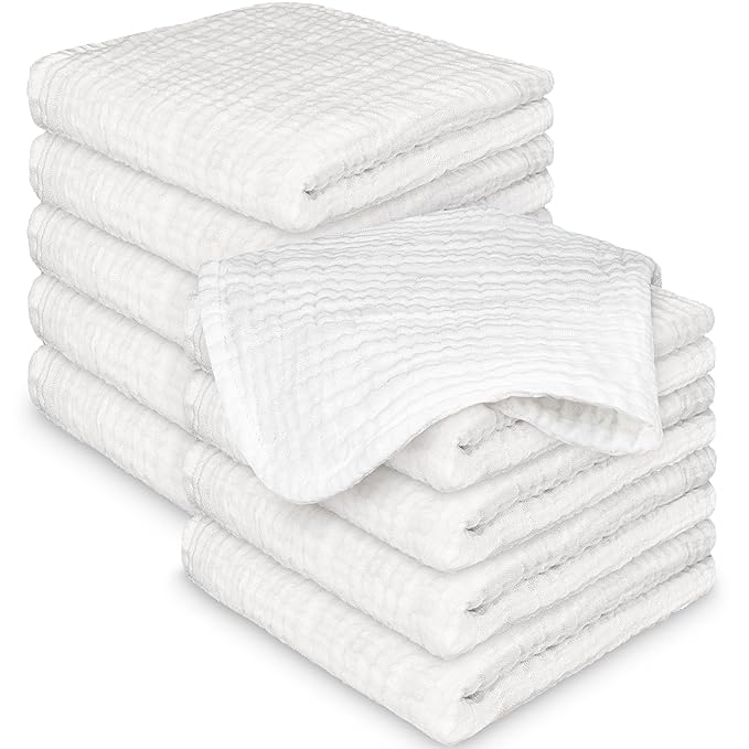 10-Pack Muslin Baby Washcloths for Newborn – 12x12" Soft Absorbent Organic Cotton Muslin Wash Cloths for Babies Girl, Boy, Infant, Toddlers, Kids Face Towel,Bath Essentials,Baby Burp Rags (Soft White)