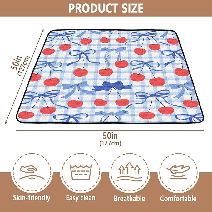 Baby Play Mat Checkered Cherries Bows Blue 50 x 50 Playpen Mat Baby Play Mats for Floor Play Gym Crawling Mat Non-Slip Cushioned Baby Playmat for Infants, Babies, Toddlers