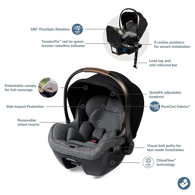 Maxi-Cosi Peri 180 Rotating Infant Car Seat, Baby Car Seat Rotating Carseat, Swivel Car Seat, Onyx Wonder