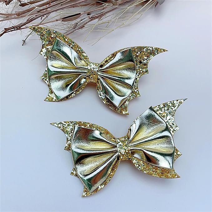 Gold Hair Clips, Halloween Bat Wing Hair Bows for Girls Glitter Faux Leather Hair Clips, Cute Halloween Hair Accessories.(FJ78-Gold R)