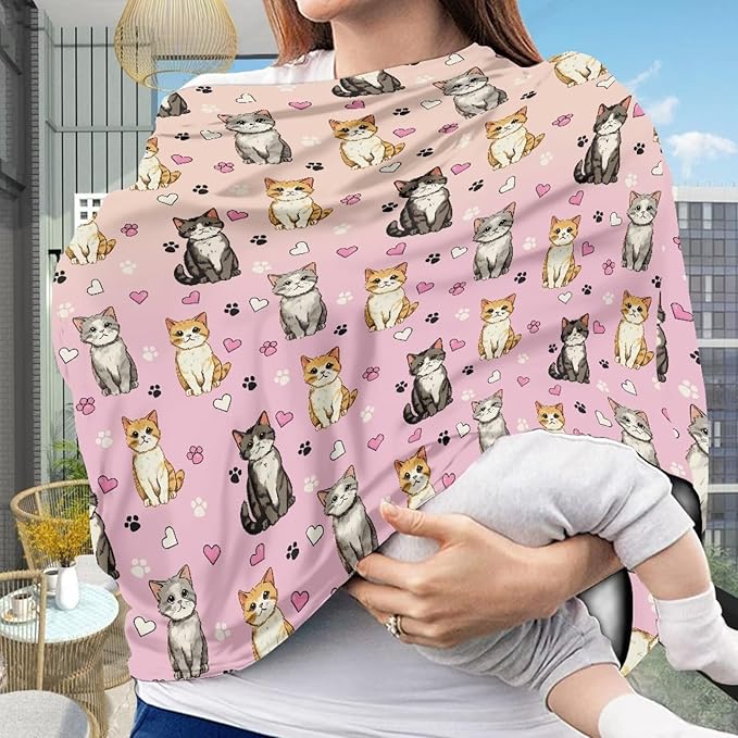 GIFTPUZZ Cute Cat Stretchy Car Seat Cover for Babies, Nursing Cover Breastfeeding Cover, Soft Breathable Infant Carseat Canopy, Shopping Cart/High Chair/Stroller Covers, Universal