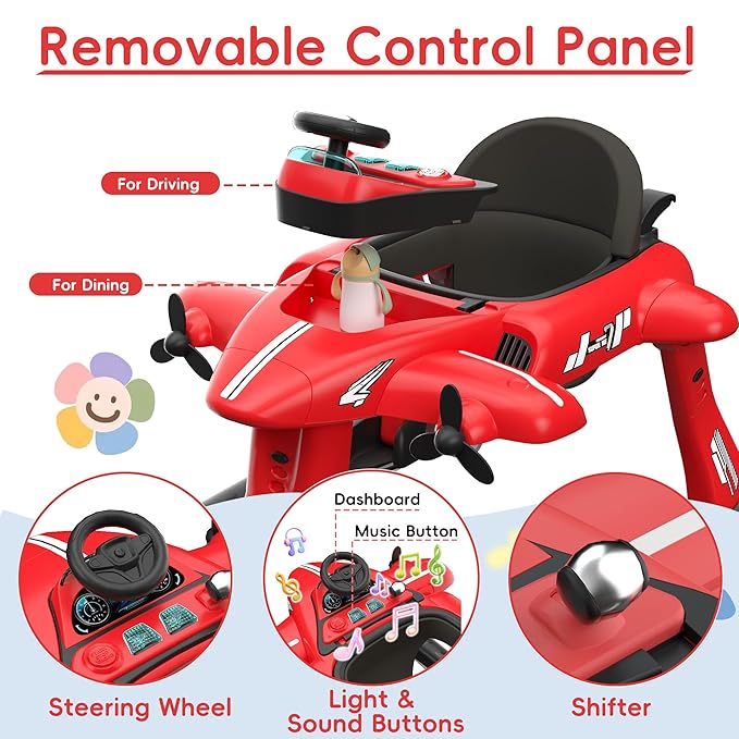 Betterhood 6-in-1 Foldable Baby Walker with Adjustable Height & Speed, Airplane-Themed Activity Push Walker with Music & Lights, Wheels, Anti-Slip Design, Suitable for Boys & Girls Aged 6-18 Months