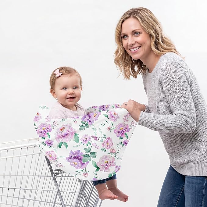 Baby Car Seat Cover Girls, Infant Carseat Canopy, Stretchy Multi- use Nursing Cover for Stroller/High Chair/Shopping Cart/Car Seat Canopies (Purple Floral)