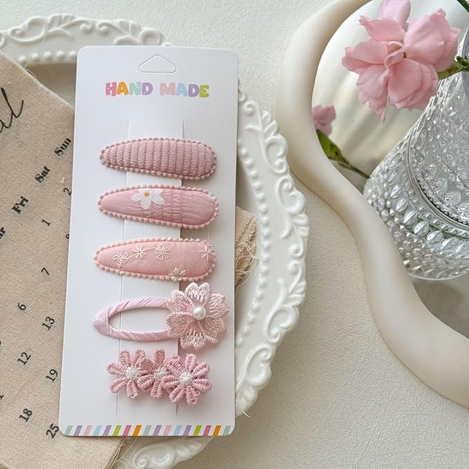 5Pcs Baby Hair Clips for Girls Toddler, 4 Snap Clips + 1 Fully Wrapped Alligator Clip, Soft Gradient Pink Floral Set with Handmade Embroidery & Faux Pearl, Non-Slip Safe Hair Barrettes for Infants