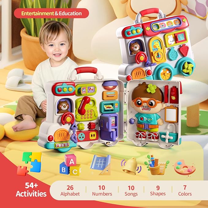 54-in-1 English & Spanish Musical Busy Board Montessori Toys, Early Educational Montessori Toy for 1 2 3 Year Old Boys, Bilingual Learning Toy Gifts for 1+ Year Old Boys