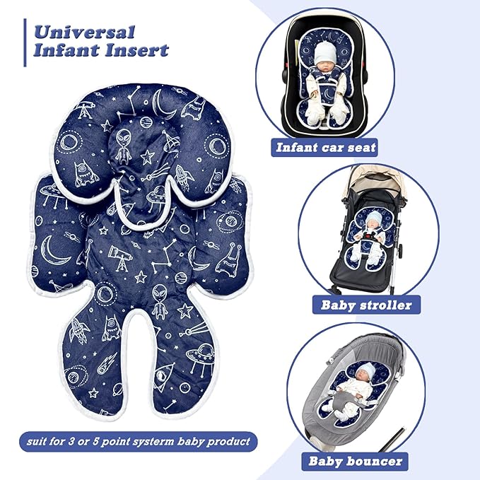 Infant Car Seat Insert, 2 in 1 Carseat Head Neck Pillow for Newborn, Baby Carriage Pad with Strap Covers, Universal Seat Pad for Carseats, Stroller, Swings, Bouncer, Planet (Navy Blue)