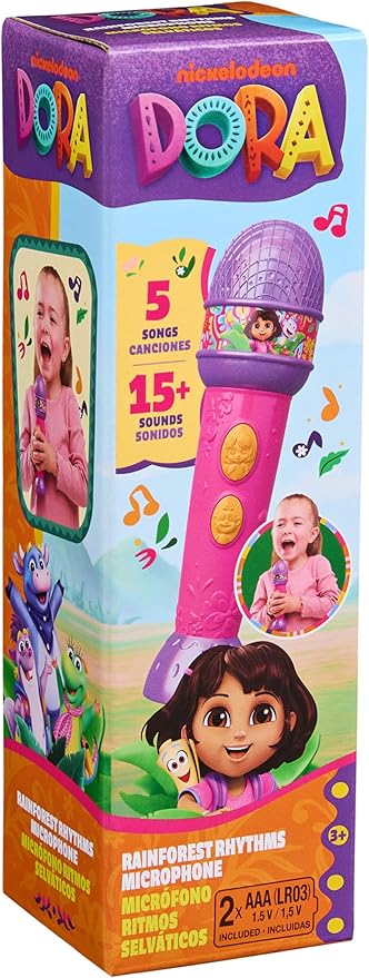 Dora, Rainforest Rhythms Microphone with Music, Sound Fx & Bilingual Phrases, Kids Toys for Girls & Boys Ages 3 and Up
