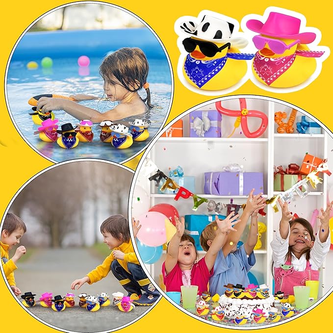 36 Sets Cowboy Ducks with Mini Hat Scarf and Sunglasses Mini Bath Duck Toys for Birthday Swimming Party Gift Favor Decorations