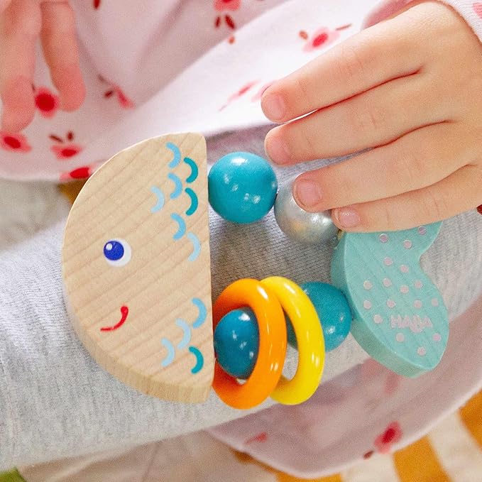 HABA Rattlefish Wooden Baby Rattle with Plastic Rings, Sensory Toys 6-12 Months & Grasping Toy for Babies, Made in Germany