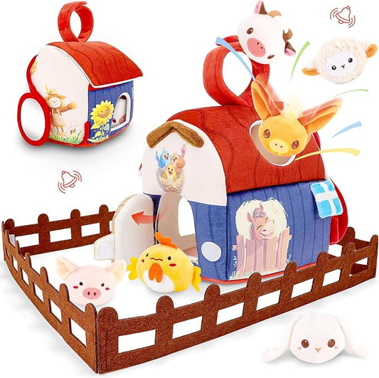 deAO Baby Toys Soft Barn Toy Plush Farm Animal Playset with Rattle, Crinkle Paper Mirror for Babies Sensory Toy for Newborn Infant Boy Girl Age 18+ Months Birthday Gifts