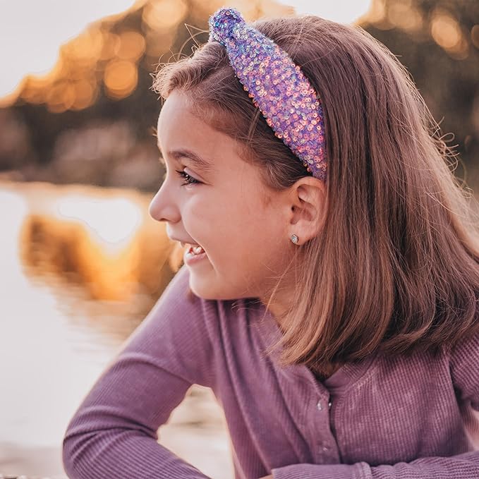 FROG SAC Sequin Knot Headband for Girls, Purple Knotted Hair Bands Accessories for Kids, Sparkly Iridescent Little Girl Headbands, Cute Fashion Hairbands for Tweens Stocking Stuffers for Children