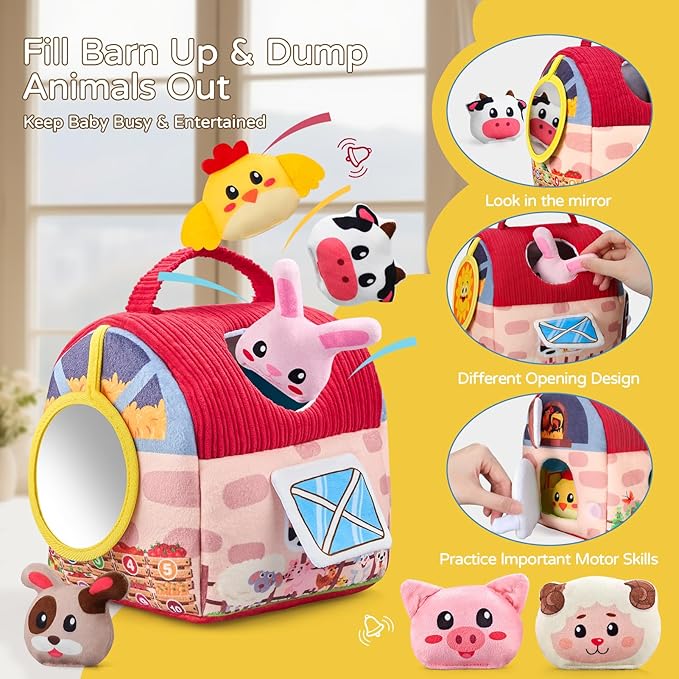 Vanvimen Baby Girl Toys 6-12 Months, Surprise Barn with 12 PCS Stuffed Farm Animals, Montessori Sensory Developmental Learning Toys for 6-12 Months, Ideals 6 7 8 9 Month Old Baby Boy Girl Gifts Toy