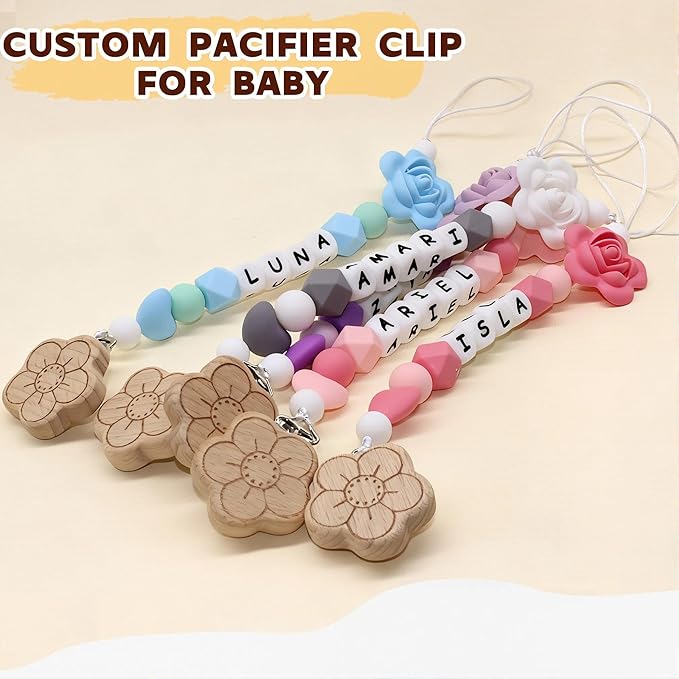 Personalized Flower Pacifier Clip Custom Baby Name Personalized Baby Gift Flower Pacifier Holder Beech Wooden Clip (Style 1)