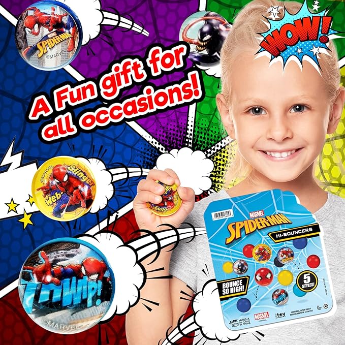 JA-RU Marvel Spiderman Bouncy Superballs Super Hi Bounce 1.2" (1 Pack of 5 Balls) Fidget Balls Small Toys for Kids Prize Premium Giveaways Gift Birthday Supplies A-6805-1