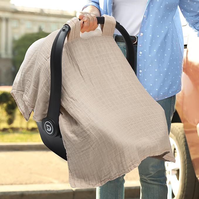 Meracorallo Muslin Baby Car Seat Cover, Lightweight Breathable Soft Infant Carrier Cover Carseat Canopy for Baby Boys and Girls, Beige