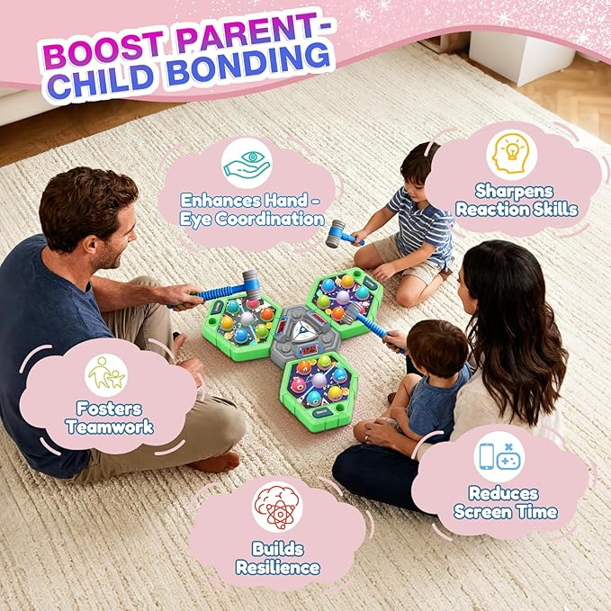 TooLion 3-Player Whack Game Mole for Kids 3-12 Boys Girls - 3 Independent Game Boards,3 Modes with Sound & Light,Safe Educational Pounding Toy,Christmas Birthday Gift for Multi-Kid Families,Green