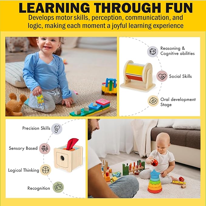 Montessori Toys for Babies 0-6 Months - 6-in-1 Educational Sensory Development Kit with Rolling Bell, Magic Tissue Box, Spinning Drum & More