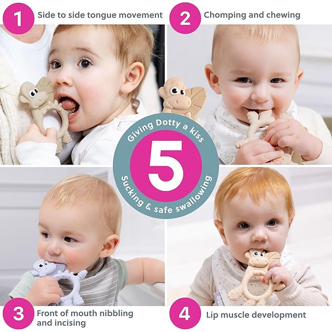 Bibado - Dotty the Dinosaur Teething Toys, Fawn - Multi-Sensory Teether - BPA Free Baby Toy - Strengthen Mouth Muscles & Learn Feeding - Dentist Approved - Baby Essentials & Baby Toys - 3 Months+