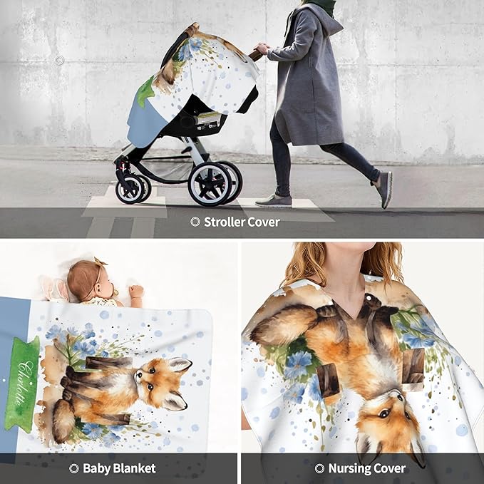 Personalized Baby Car Seat Cover Winter Custom Minky Carseat Cover Boy Girls with Name Fox Carseat Canopy Customized Car Seat Canopy Infant Carrier Covers Nursing Cover Toddler Blanket