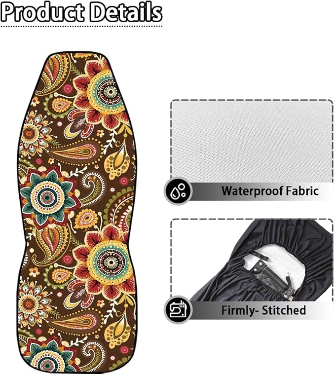 Boho Flower Car Front Seat Cover, Women's Auto Car Seat Covers Protector Universal Car Interior Accessories Automobile Seat Cover for Most Cars Truck Van SUV, 2 Pack