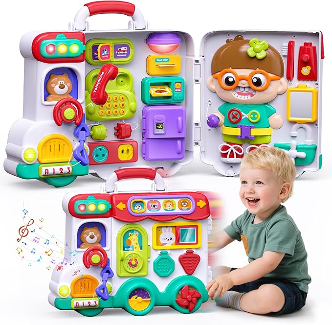 54-in-1 English & Spanish Musical Busy Board Montessori Toys, Early Educational Montessori Toy for 1 2 3 Year Old Boys, Bilingual Learning Toy Gifts for 1+ Year Old Boys