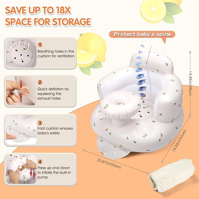 Inflatable Baby Seat for 3-36 Months, Back Support, Built-in Air Pump, Learning to Sit, Blow Up Floor Seat with Tray