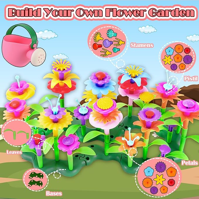 FUNZBO 99pcs Girls Flower Garden Building Toys Set - Spring Toys for 3 4 5 6 7 8 9 Years Old Girls, STEM Montessori Educational Toys for Toddlers Kids,Sorting & Stacking Toy for Birthday Gifts